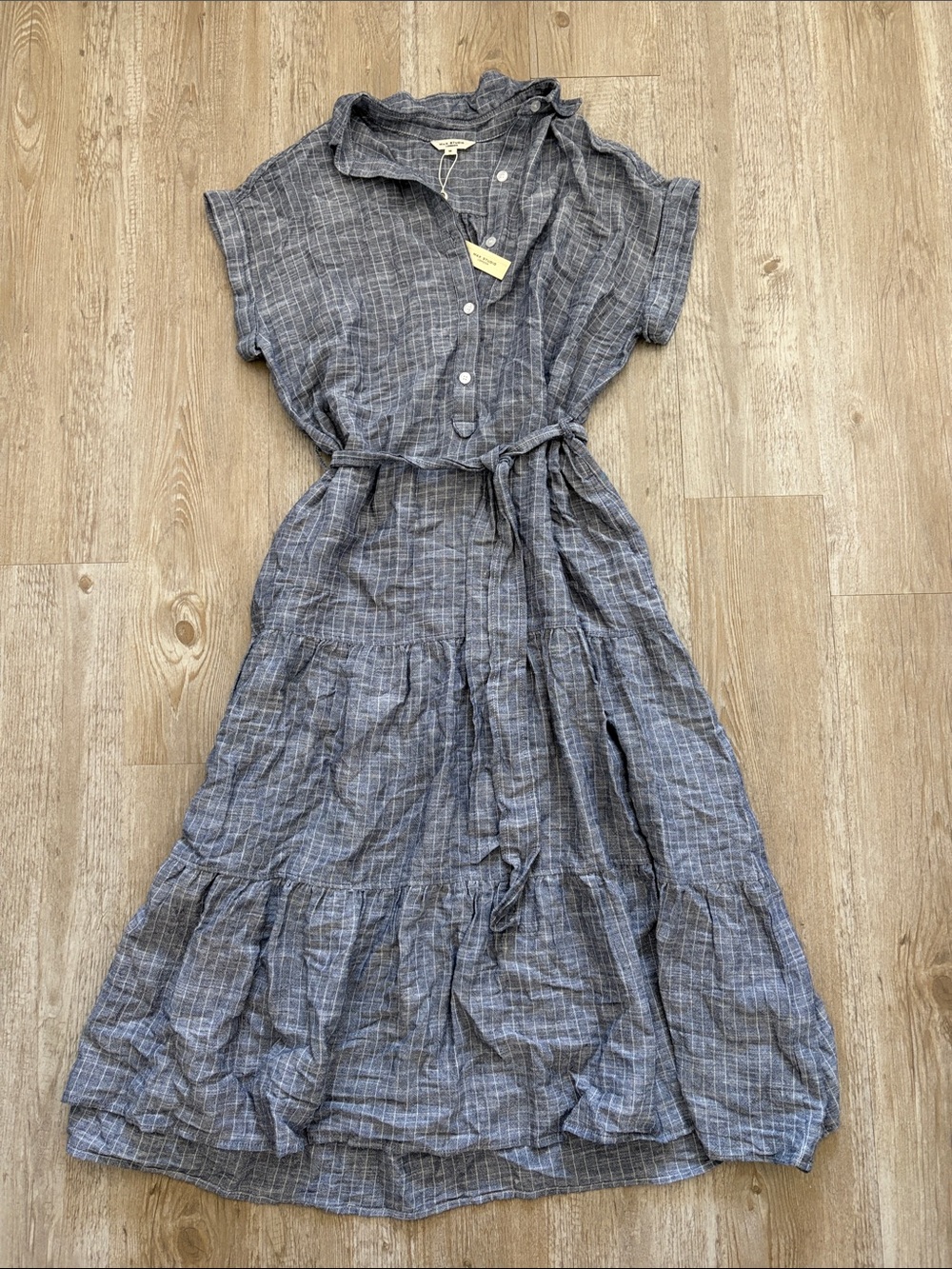 Max Stuido NWT Lightweight Blue Cotton Linen Blend MIDI Dress with Tie Waist